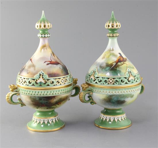 Two Hadley ware tear drop shaped pot pourri, covers and inner covers, c.1900, 25cm